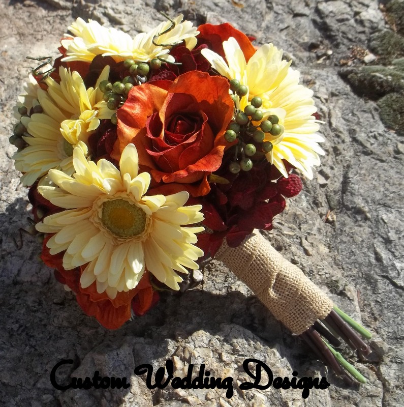 Real Touch Dasies, Rust/orange Roses, Eva Berries And Twisted Vines. Great For That Fall Wedding. Satin, Camo Or Burlap Ribbon.
