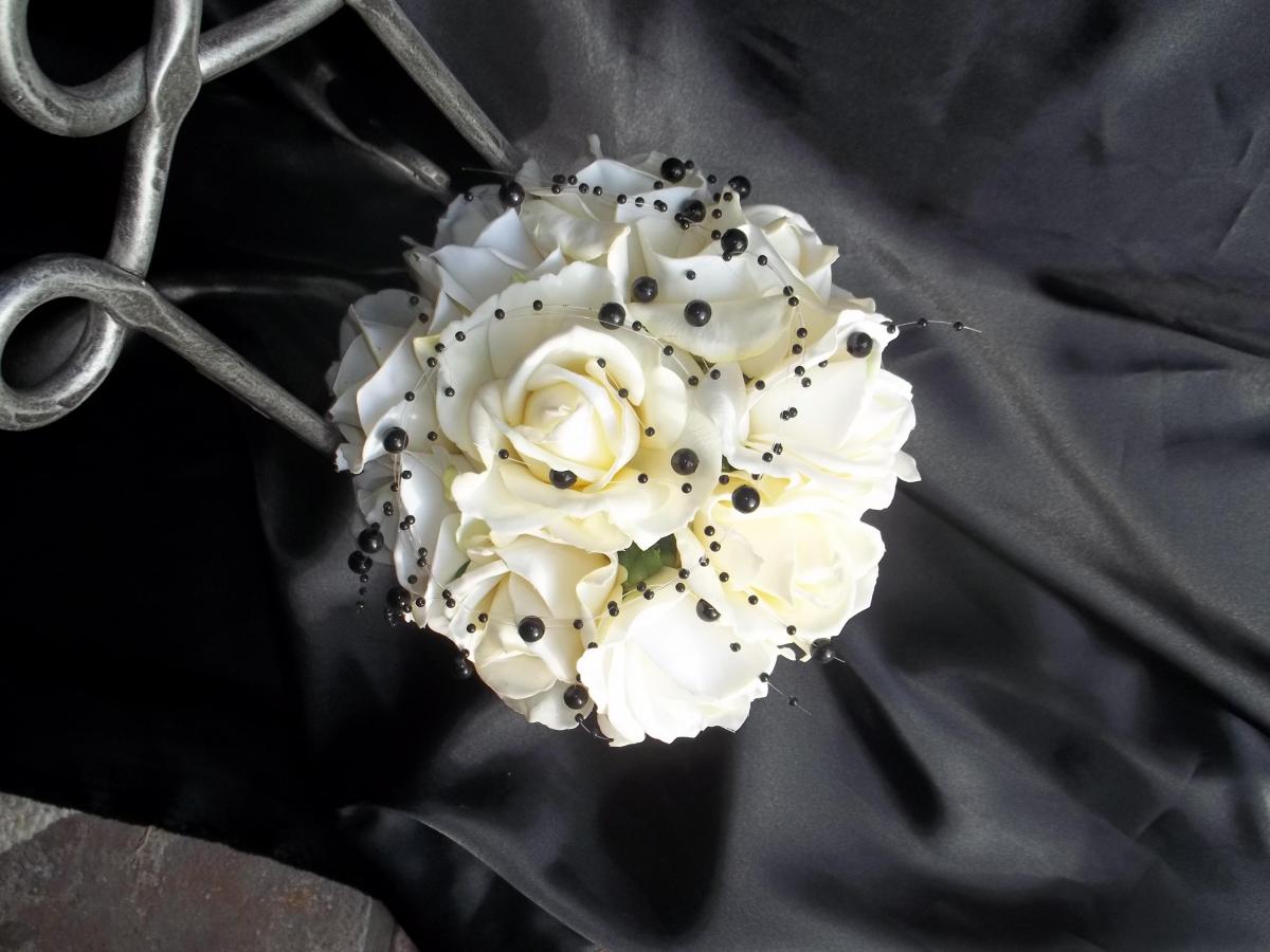 Real Touch Ivory/white Rose Wedding Bouquet Accented With Black Beading. Make A Statement At Your Wedding.