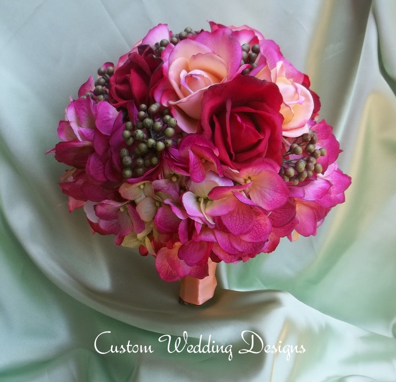 Beautiful Round Fall Wedding Bouquet. Real Touch Red And Coral/ Orange