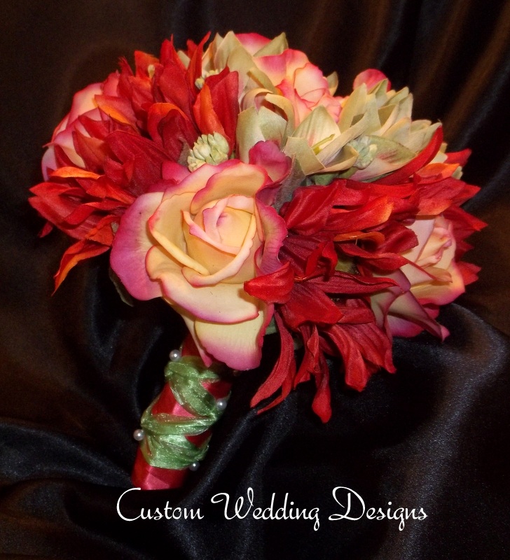 Wedding Bouquet Of Real Touch Roses, Sun Flowers, Amaryllis Buds In Shades Of Reds, Rust, Corals And Greens.