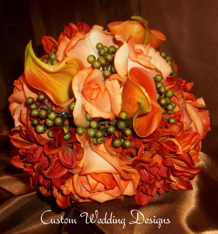 Beautiful Fall Wedding Bouquet. Real Touch Calla Lily, Roses, Rose Buds, Eva Berries And Dahlias. Mossy Oak Camo Look With Change Of Ribbon