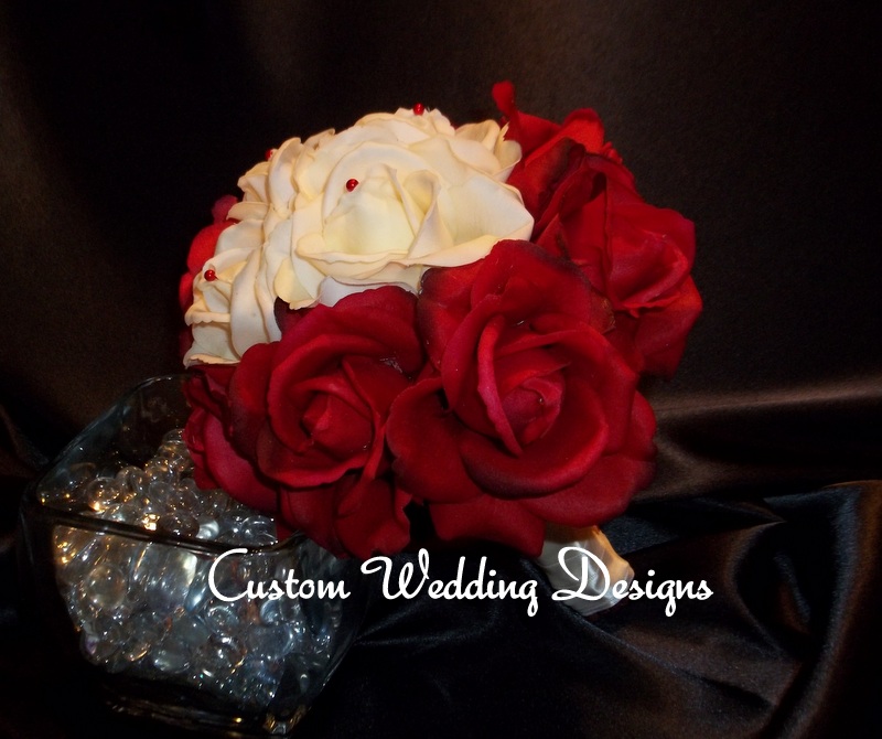 Featured On Weddingzilla. Red And Ivory. Real Touch Round Wedding Bouquet.